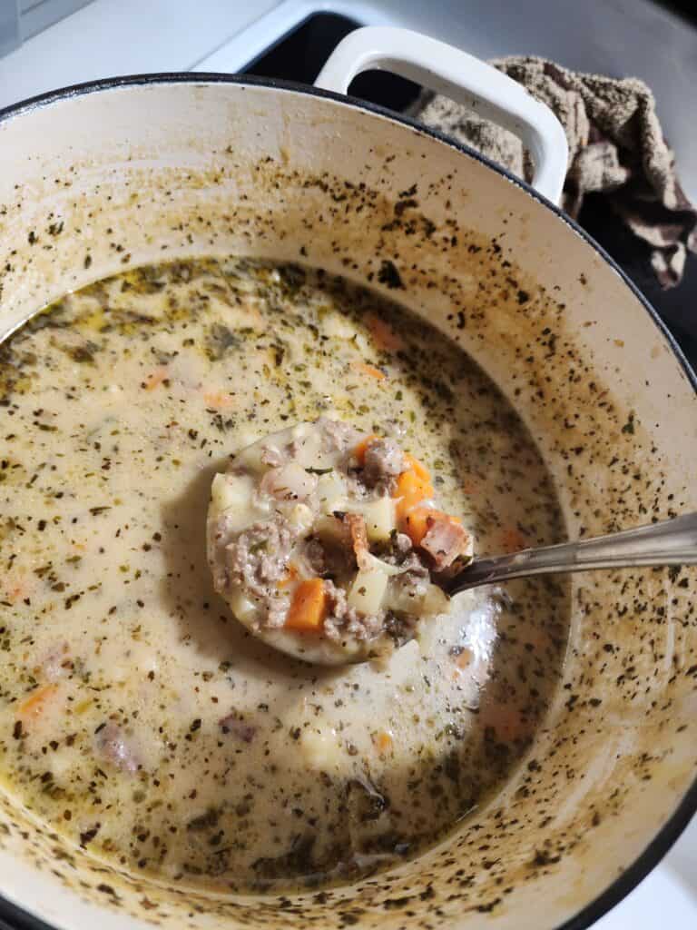 pot of bacon cheeseburger soup