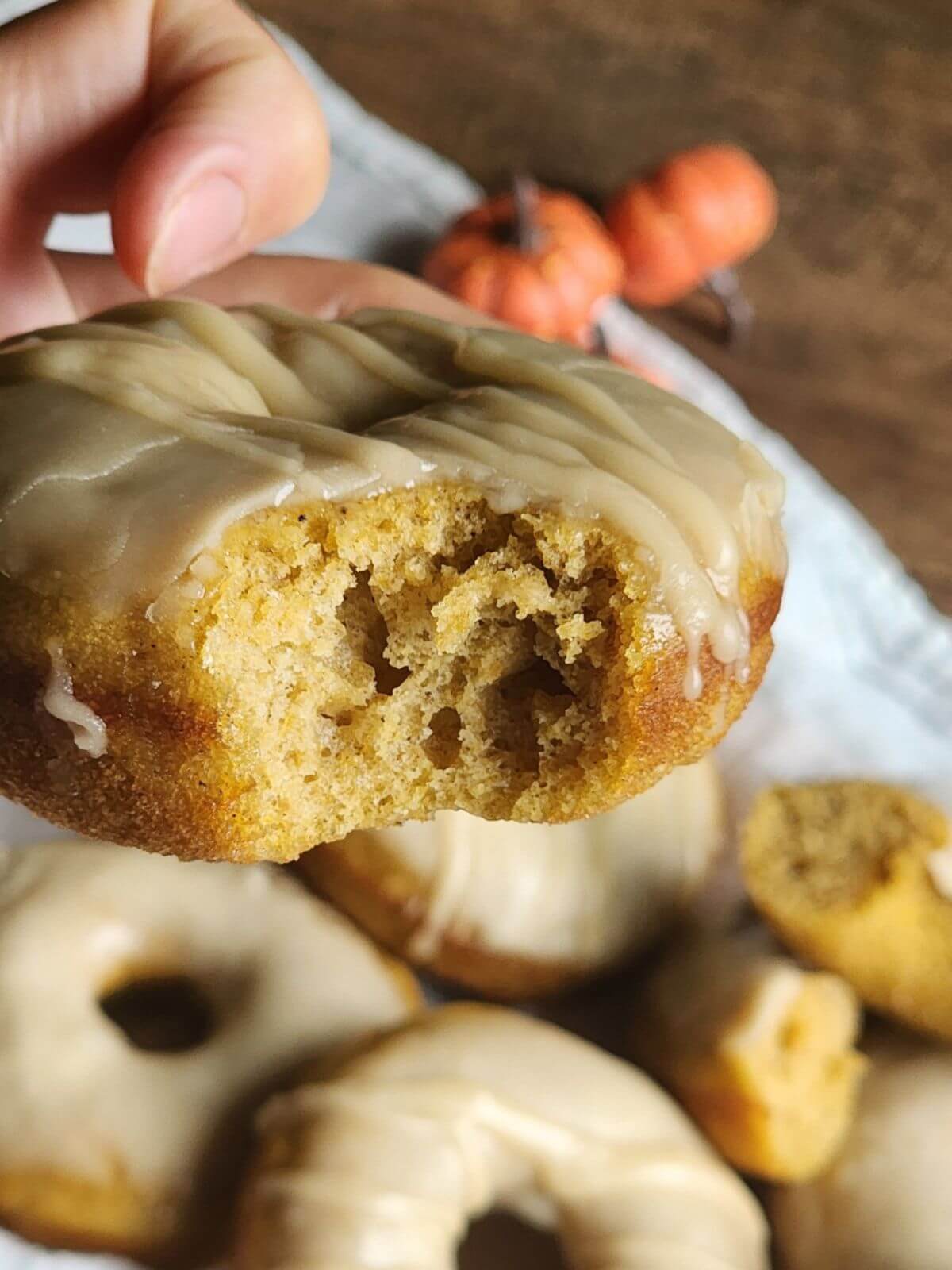 Pumpkin donut with maple glaze showing the soft, fluffy interior after one bite.