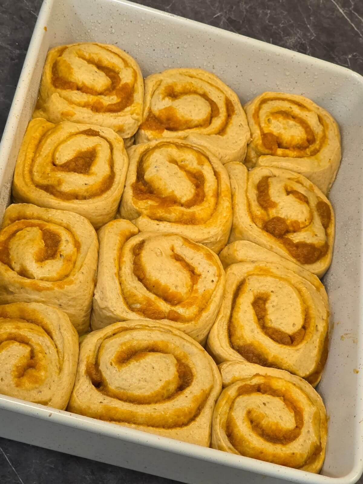 Sourdough pumpkin cinnamon rolls after the final rise and ready to bake.