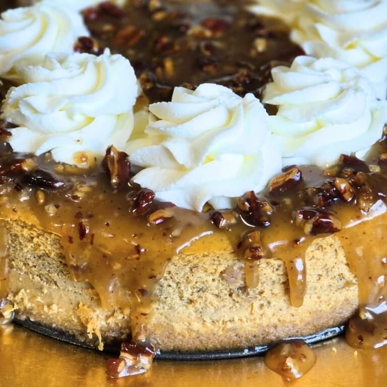 pumpkin cheesecake with caramel pecan topping