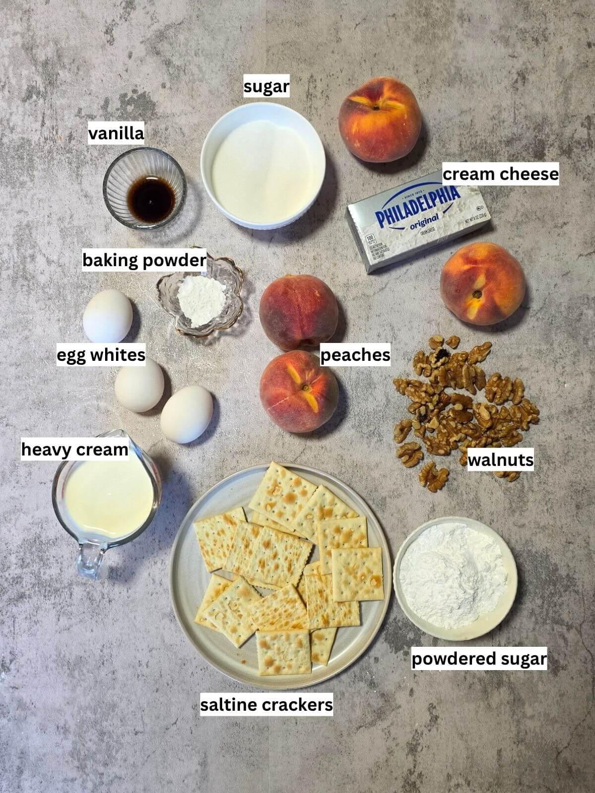 Ingredients for fresh peach pie with soda cracker crust.