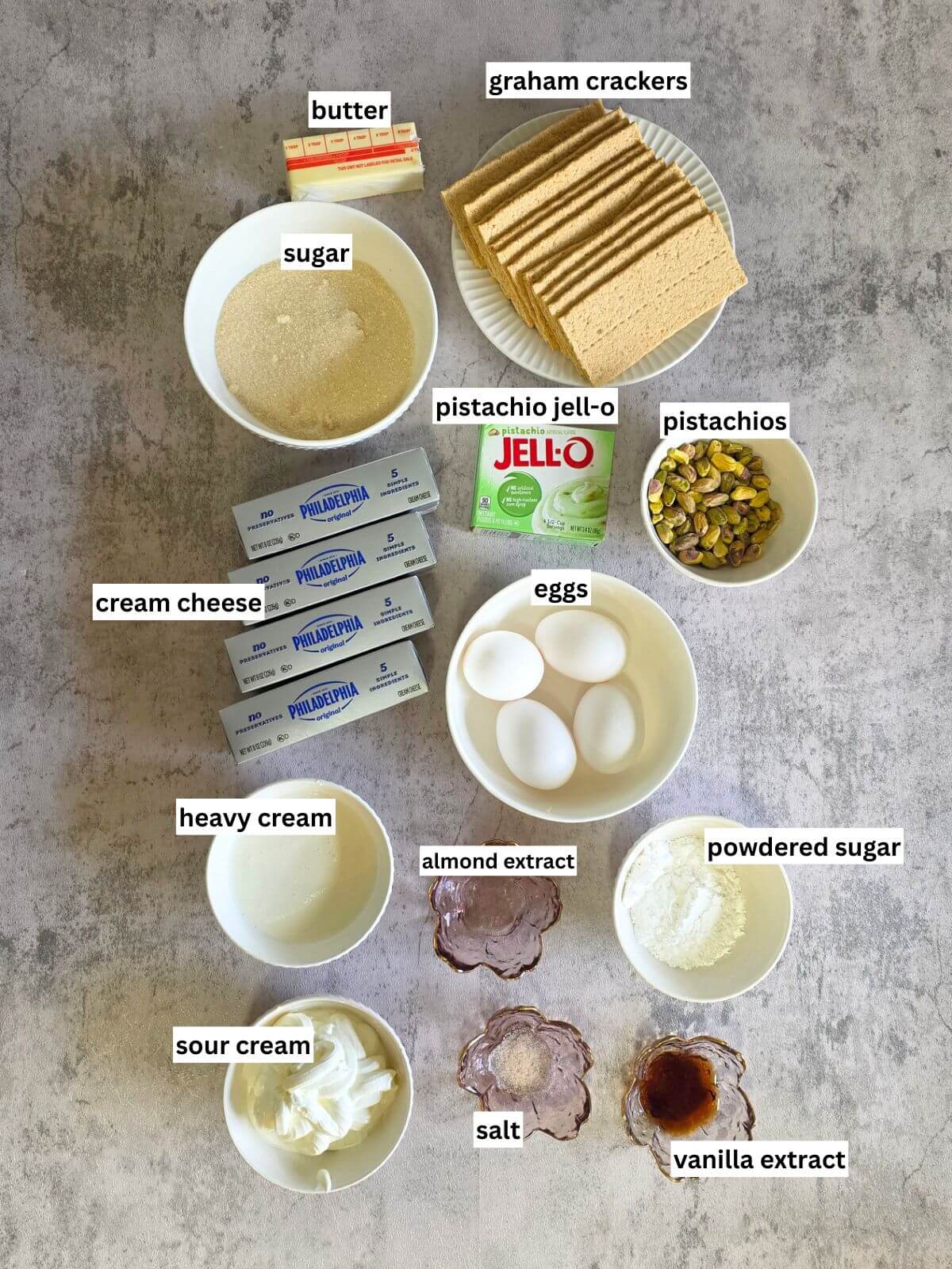 Pistachio cheesecake Ingredients.