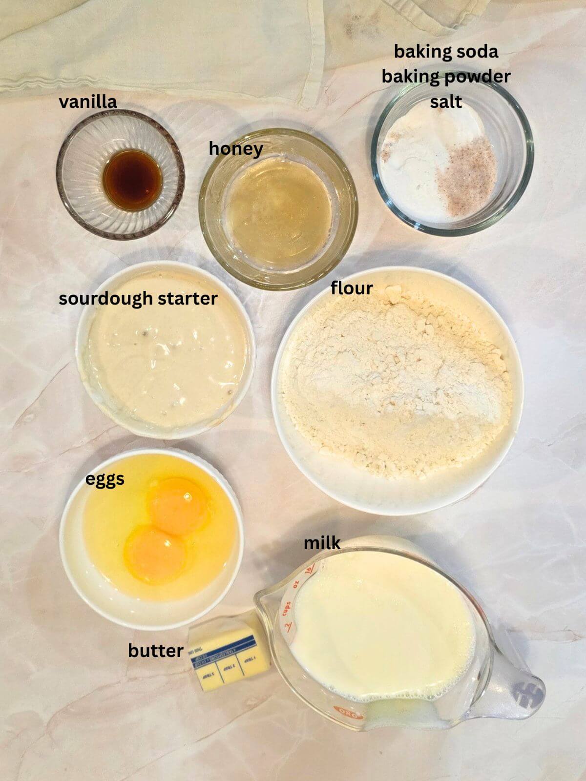 Ingredients for sourdough pancakes.