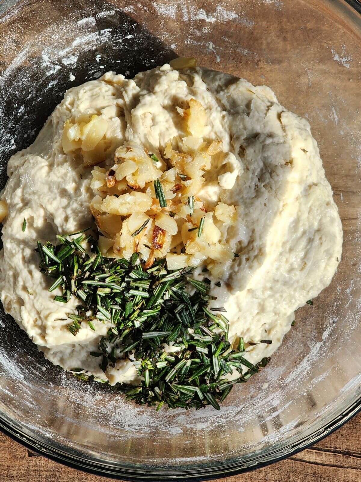 Roasted garlic and fresh rosemary folded into sourdough bread dough.