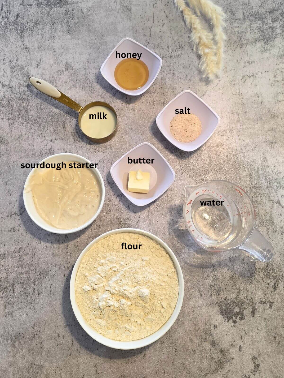 Ingredients for same day sourdough sandwich bread.