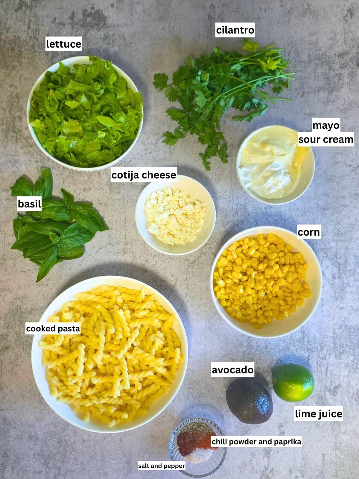 Ingredients for Mexican Street Corn Pasta Salad.