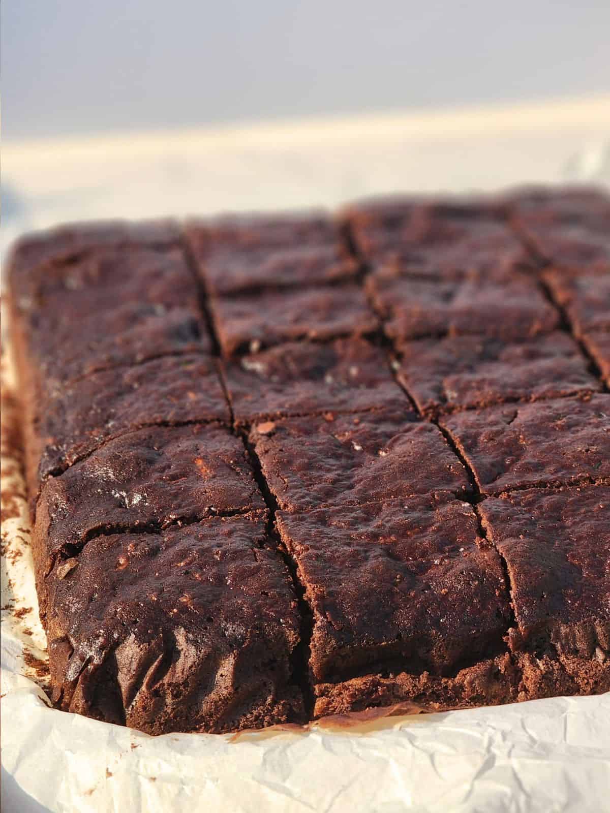 Sourdough chocolate chip zucchini brownies baked and cut into squares.