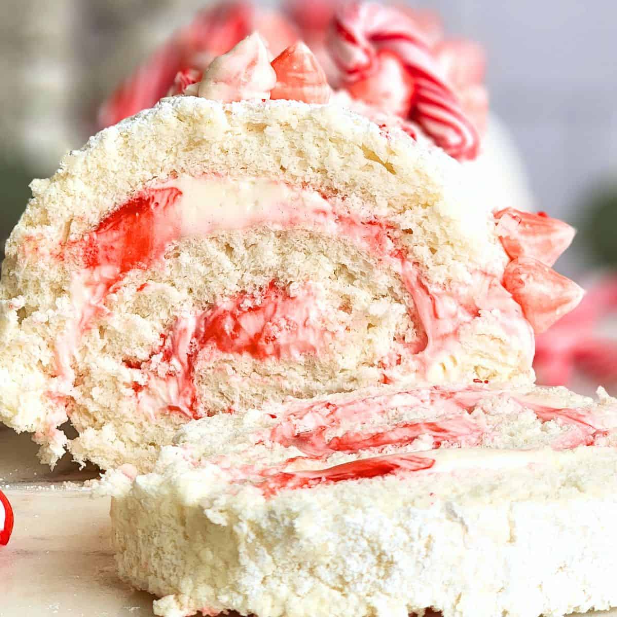 Angel Roll Cake with Peppermint Cream cheese frosting