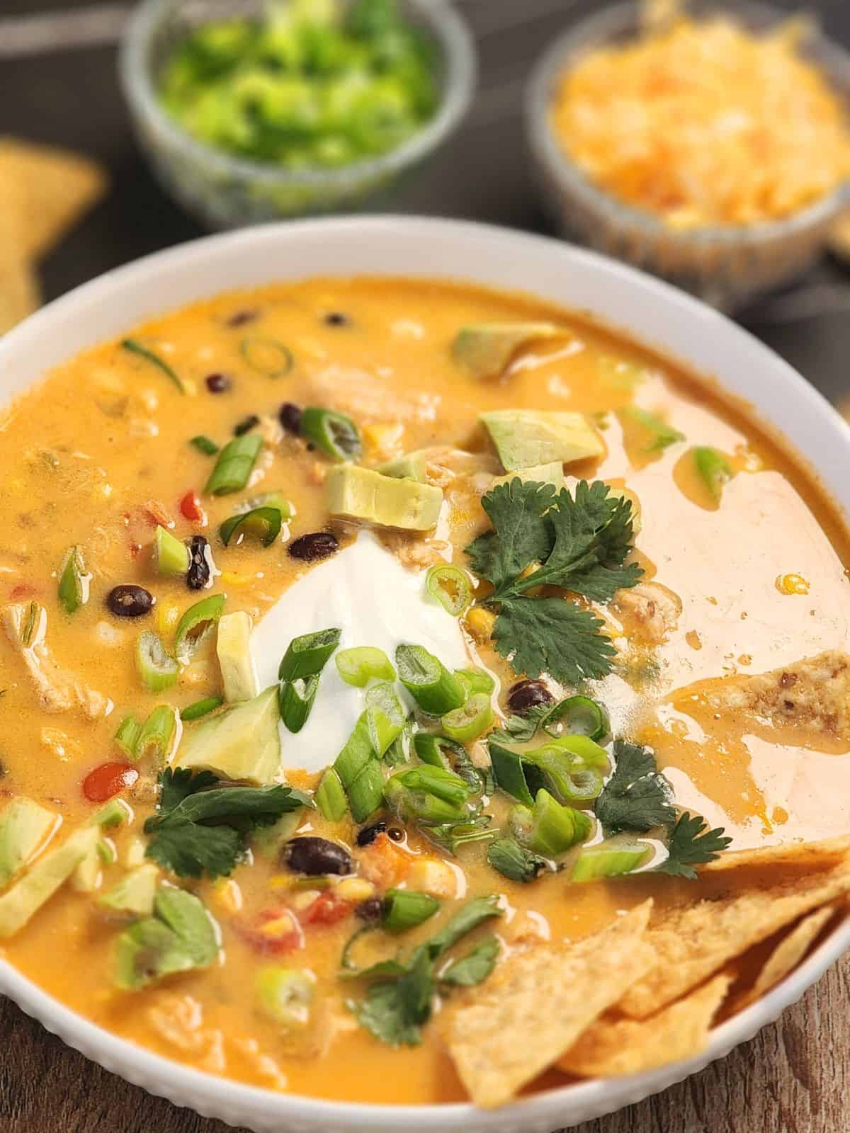 A creamy bowl of cheesy chicken tortilla soup topped with crispy tortilla strips and fresh cilantro.