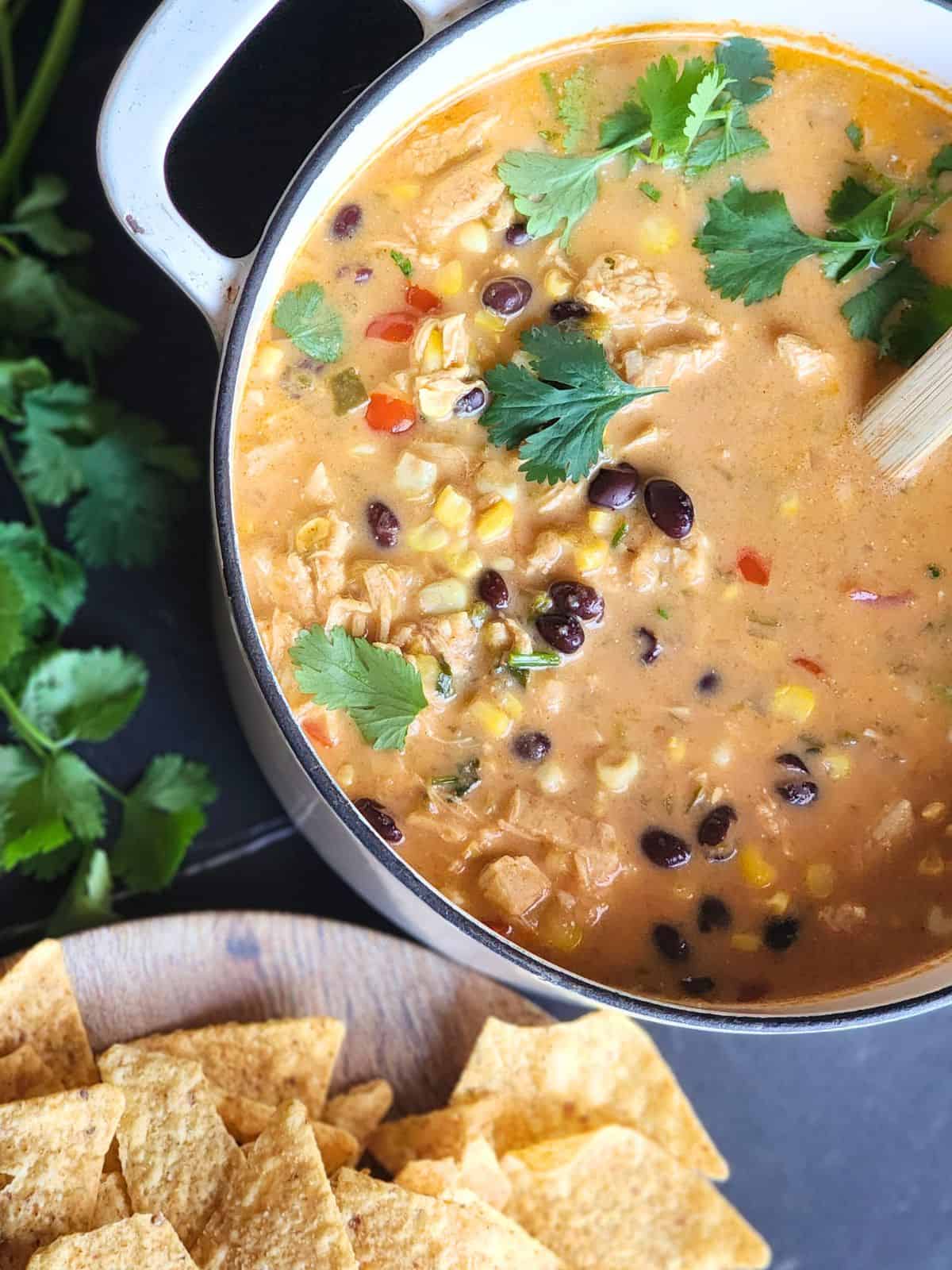 A large pot of simmering cheesy chicken tortilla soup with golden tortilla strips on the side.
