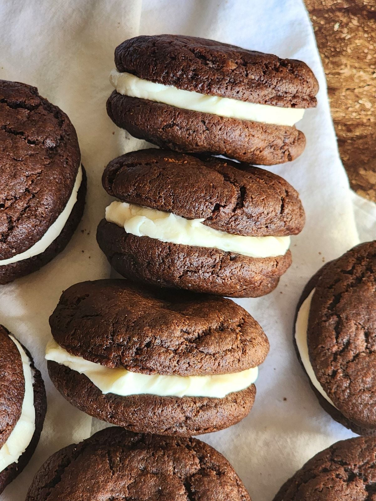 Sourdough chocolate oreo cookies with cream cheese filling.