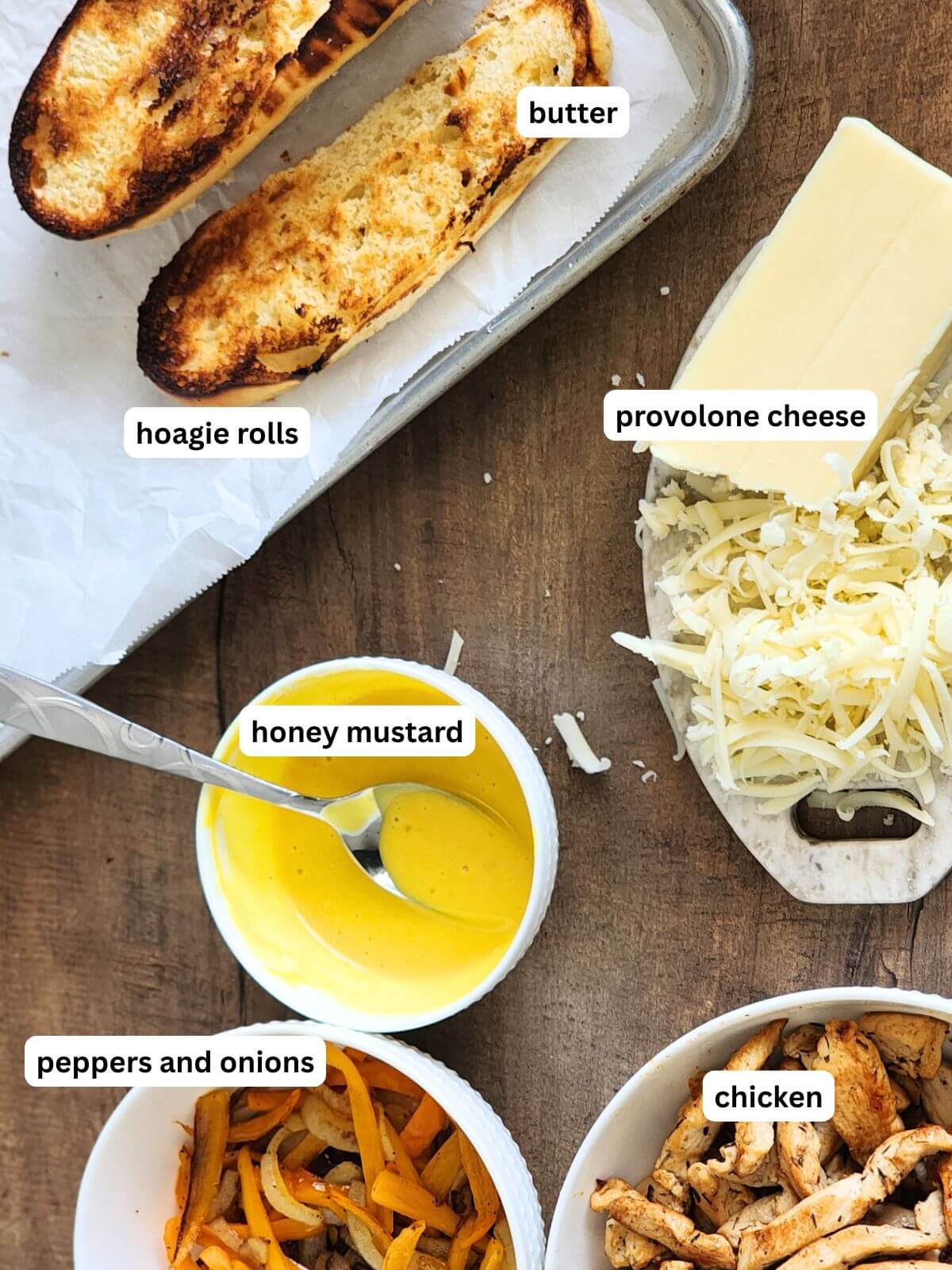 Ingredients for Chicken Cheesesteak Recipe with Honey Mustard Dressing.