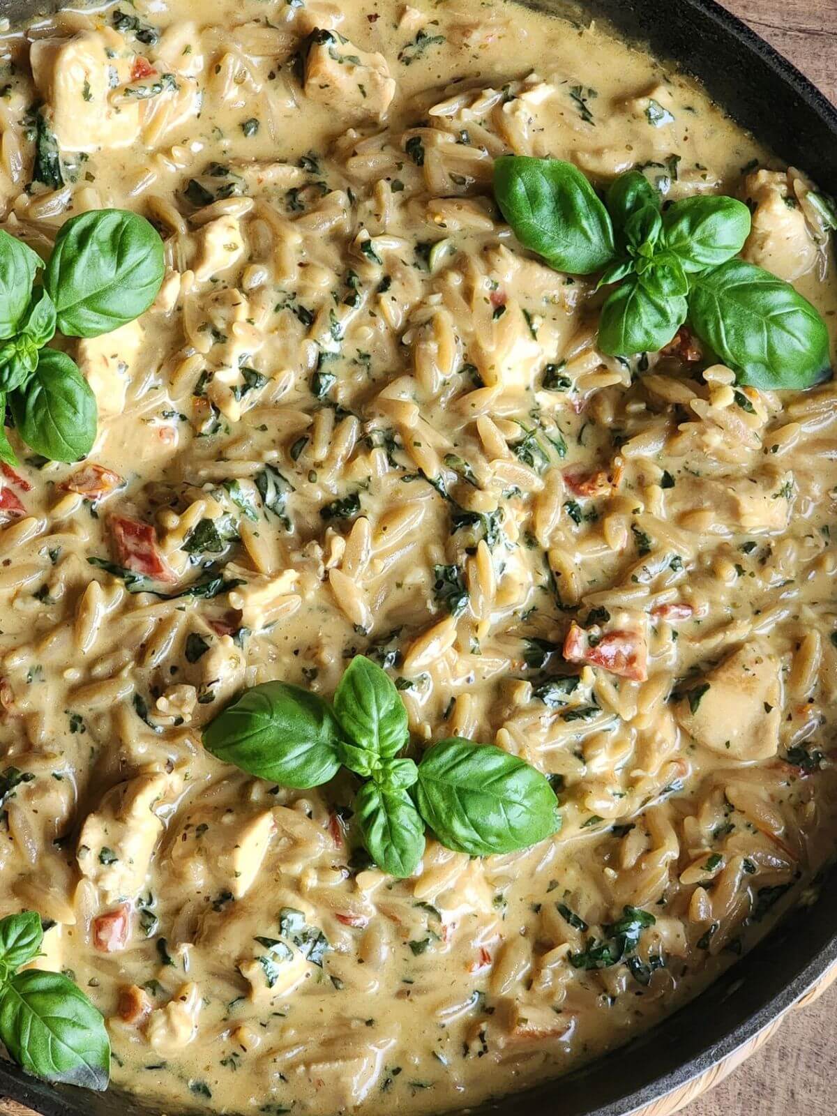 Close up of creamy orzo with chicken, spinach, sun dried tomatoes, and basil.