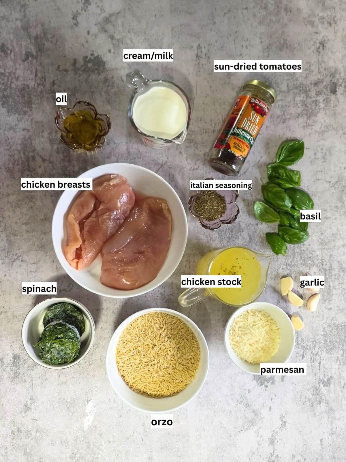 Ingredients for Marry Me Chicken Orzo, including chicken, orzo, spinach, sun dried tomatoes, garlic, broth, cream, and Parmesan.