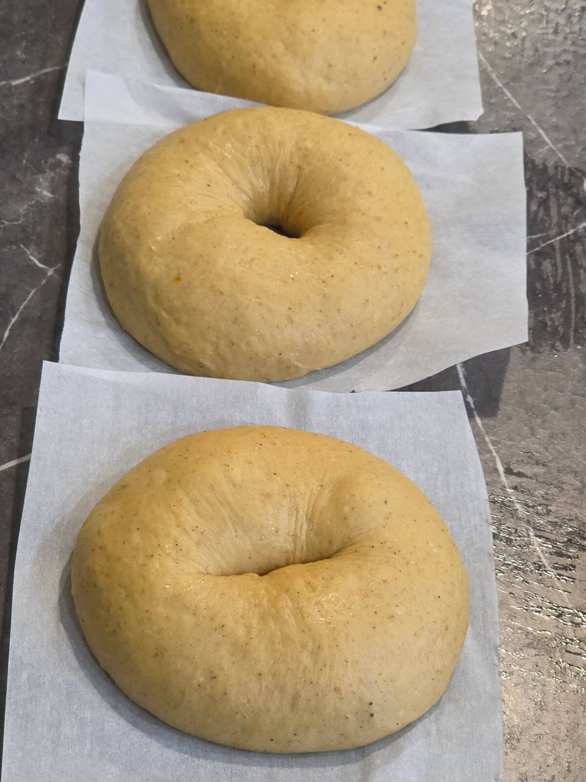 Shaped pumpkin sourdough bagels ready for boiling.