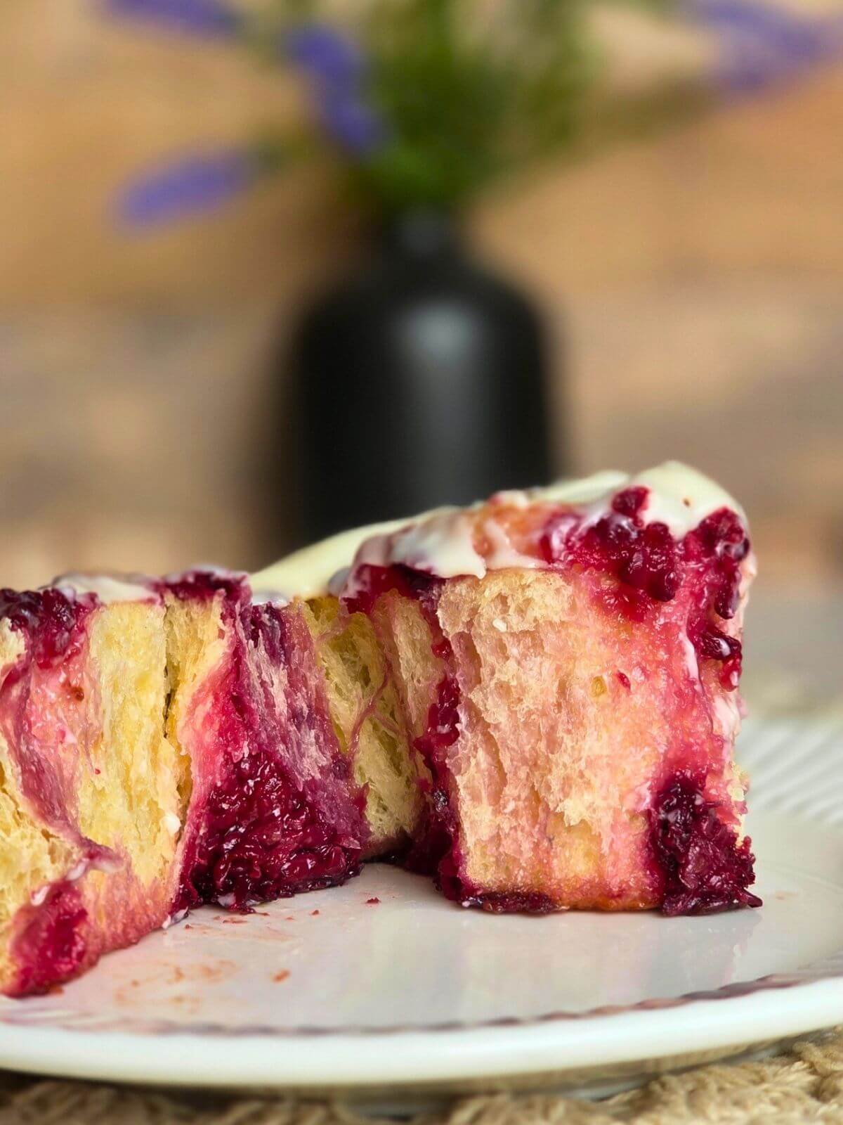 inside of a sourdough blackberry lavender roll